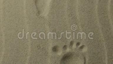 全景，一个人的程式化脚印，痕迹延伸到远处。 沙中的脚印..